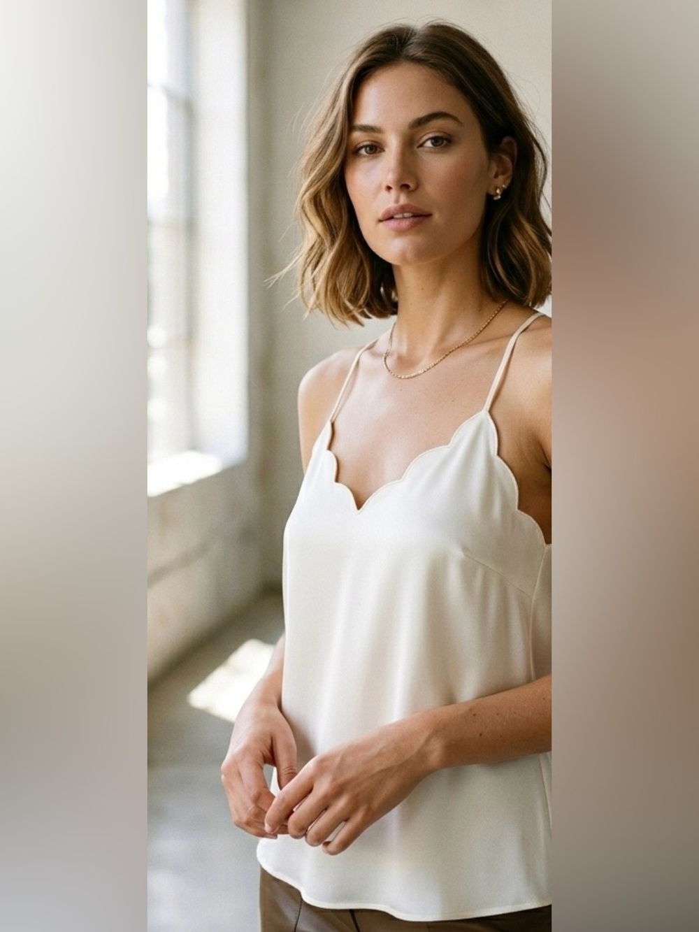 J.Crew Scalloped-Trim Cami | White Sleeveless Tank Top | Size 6 - Fully Lined